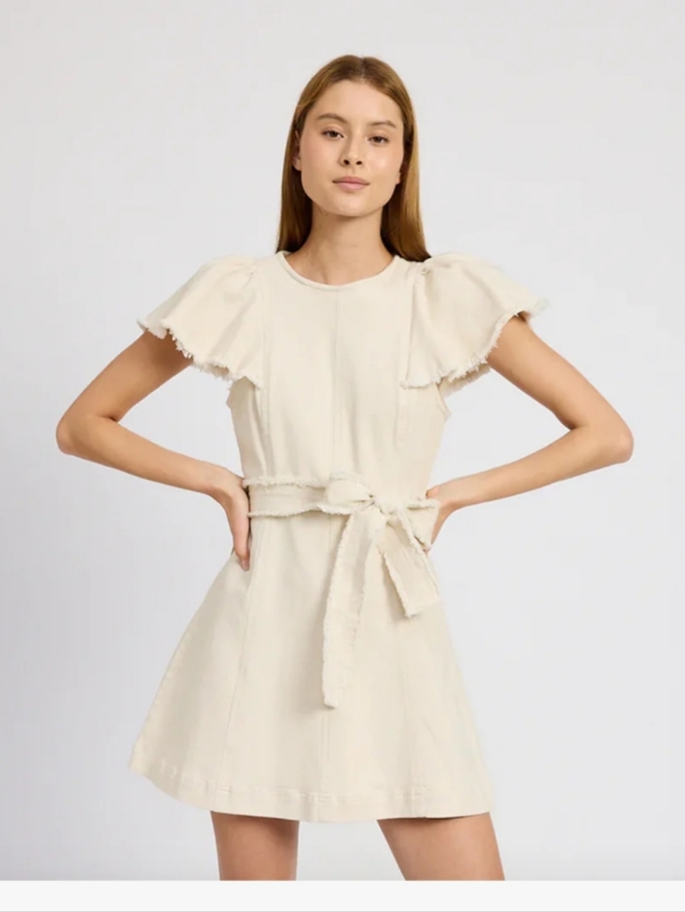 En Saison Gwendolyn Cream Frayed-Belt ‎ Mini Dress. Size M